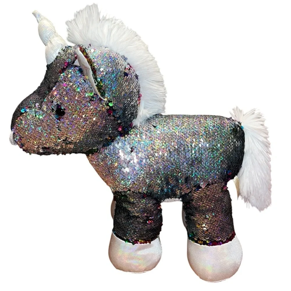 Rainbow/Silver Flip Sequin Unicorn Plush 8.5” x 14” x 17” - Picture 7 of 10